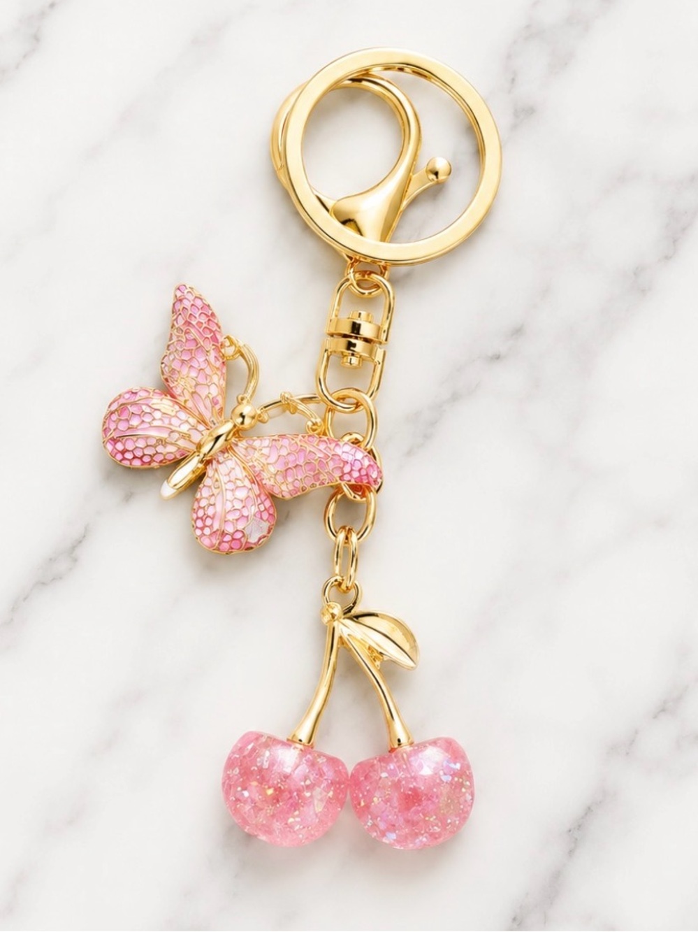 Bag Charm/Keyring-Pink Butterfly and Cherry Charm-Gold Hardware